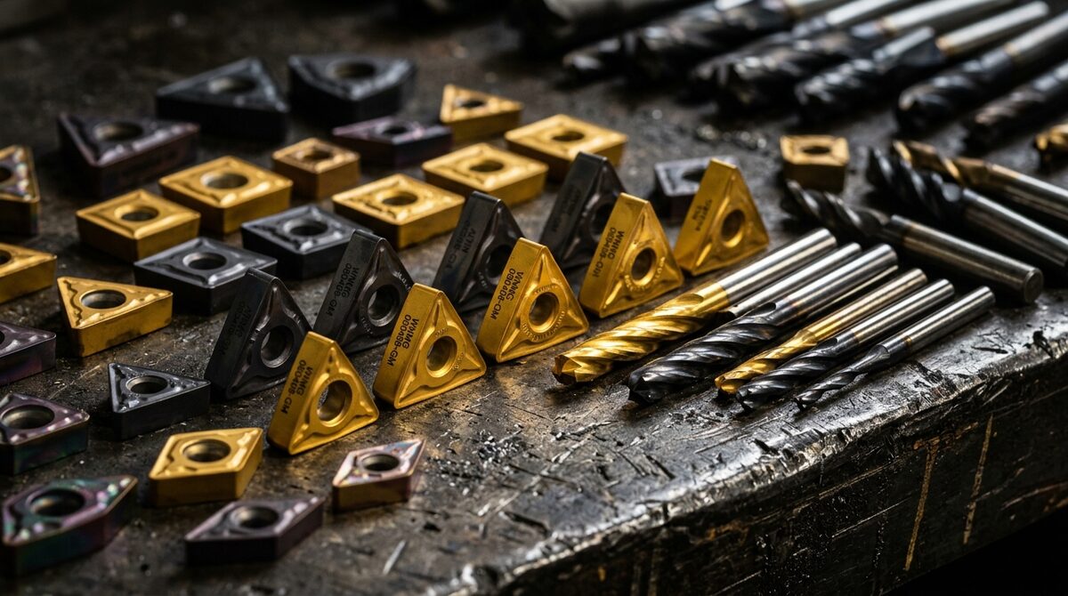 Macro array of carbide milling inserts and end mills laid on dark steel, gold titanium nitride and gunmetal coatings...