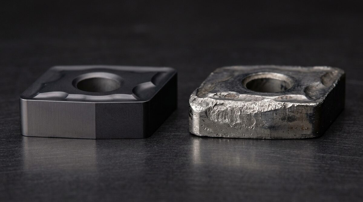 Single worn carbide insert beside a new one at high magnification, flank wear obvious on the used edge