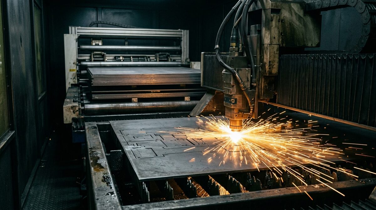 Fiber laser cutting head tracking through sheet steel, brilliant cut point and a fan of sparks, automated sheet loader...