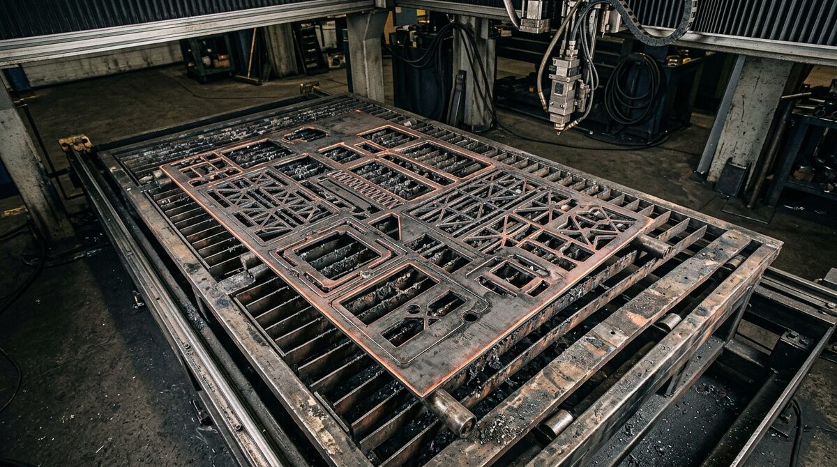 Finished laser-cut steel sheet lifted clear on the shuttle table, intricate cut-outs and the skeleton remaining, cut...