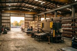 Fabrication shop interior with a press brake mid-ground and racked steel sheet inventory beyond, big-shed volume