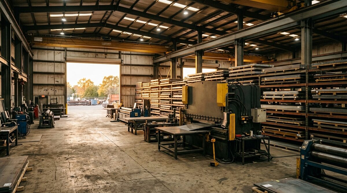 Fabrication shop interior with a press brake mid-ground and racked steel sheet inventory beyond, big-shed volume