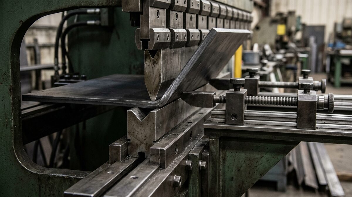 Press brake forming a bend in plate steel, punch descending into the die, tooling and backgauge in sharp focus