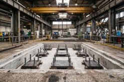 Machine foundation pit poured in a factory floor with anchor bolts and levelling plates set, ready for a large machine,...