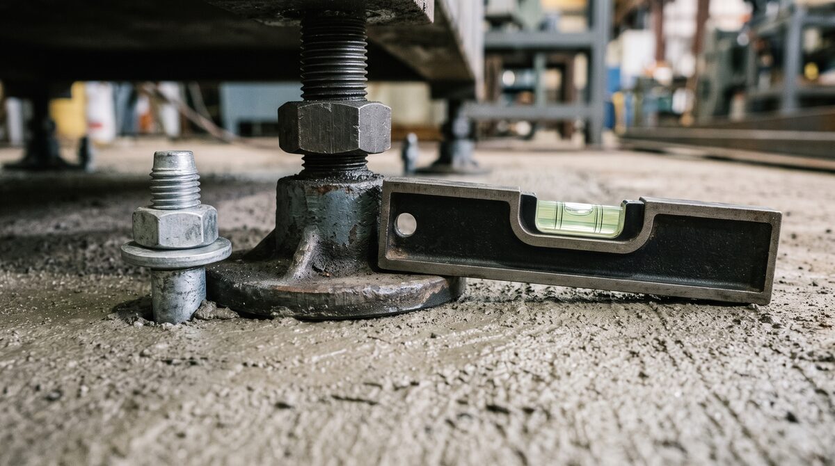 Close detail of a machine levelling foot and anchor bolt on a freshly poured foundation, precision level resting alongside