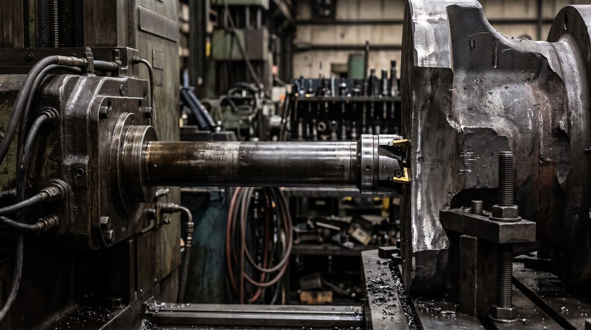 Close detail of a horizontal boring spindle extended toward a large steel workpiece, the bar and tooling sharp against a...