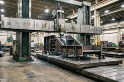 Very large steel weldment mounted on the table of a bridge mill, the machine dwarfing the surrounding shop, wide...