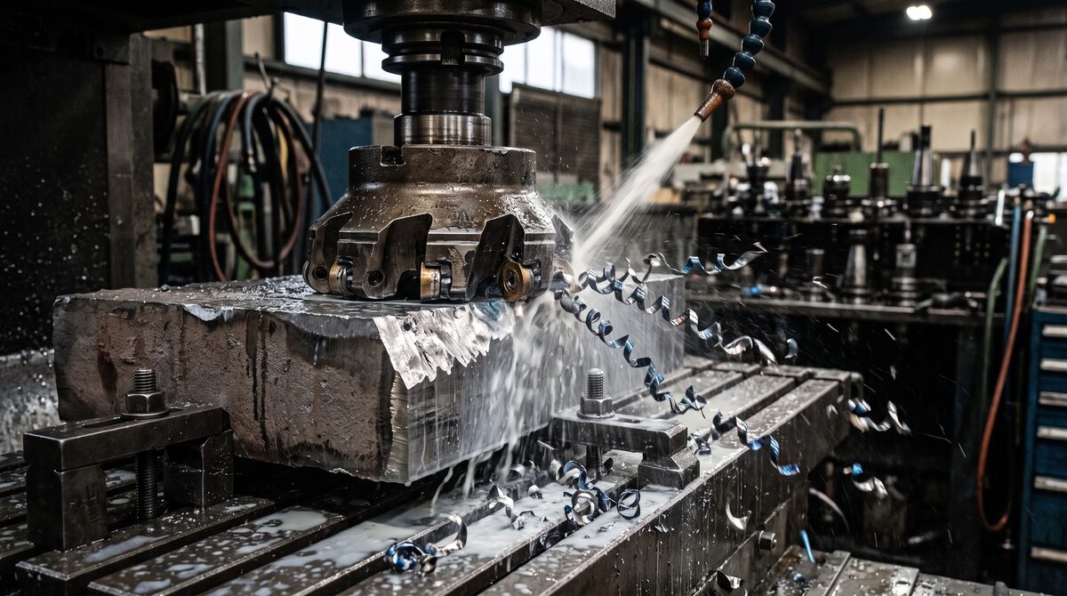 Close detail of a large face mill cutting steel on a heavy machine table, chips curling away from the insert, coolant spray