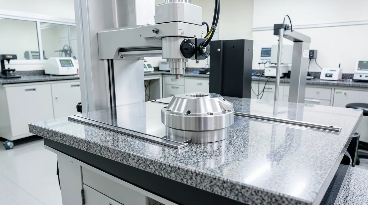 Coordinate measuring machine measuring a large machined steel part in a quality lab