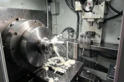 Coolant flooding the cutting tool inside a CNC lathe