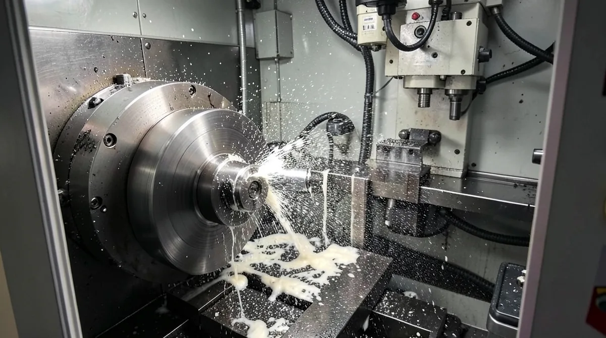 Coolant flooding the cutting tool inside a CNC lathe