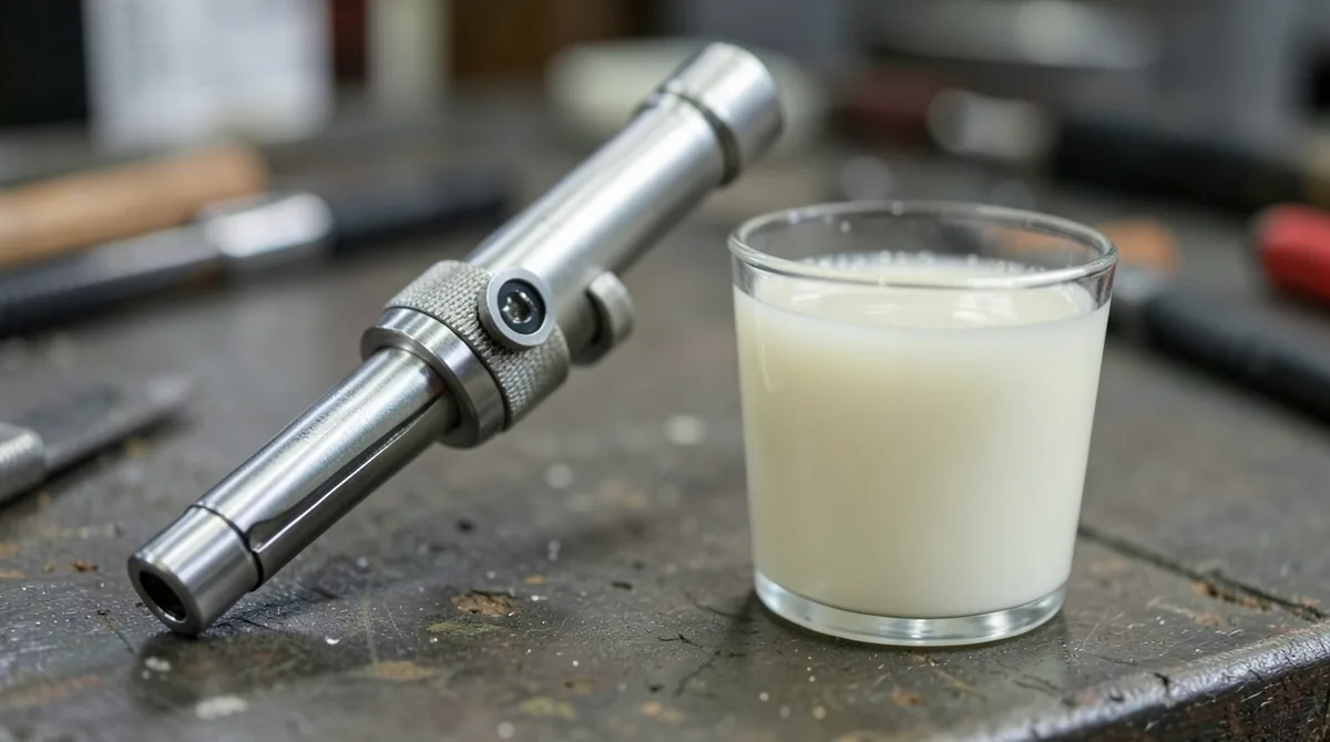 Handheld refractometer beside a sample cup of metalworking coolant on a shop bench