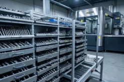 Tool crib with carbide end mills, drills and toolholders beside a CNC machining center