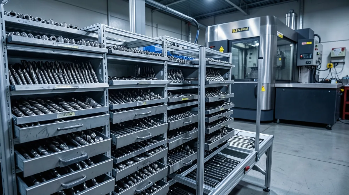 Tool crib with carbide end mills, drills and toolholders beside a CNC machining center